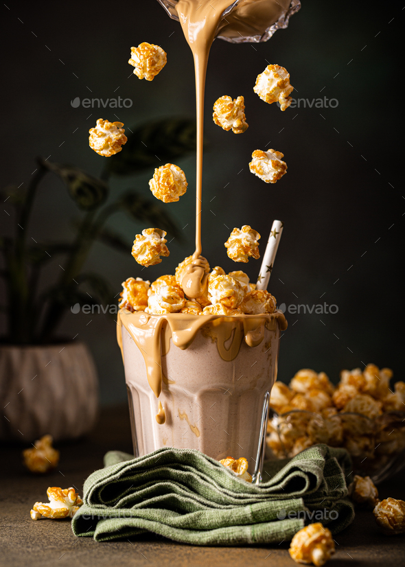 Popcorn milkshake with sea salt caramel - Stock Photo - Images