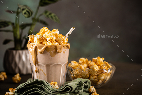 Popcorn milkshake with sea salt caramel - Stock Photo - Images