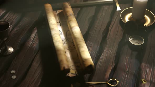 Funny hand-drawn ancient map with animated drawings. Treasure chest full of gold alt