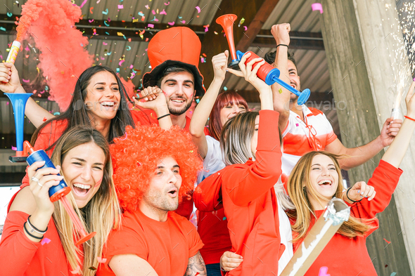 Football Supporter fans watching soccer world match at stadium - Stock Photo - Images