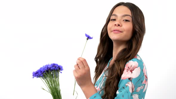 Cheerful Child Long Hair Hold Wildflower Flower Bouquet Smell Centaurea Isolated on White Spring