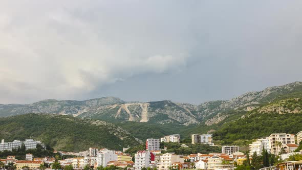 Time lapse, View on the Adriatic sea coastline on Becici city near the Budva, Montenegro alt