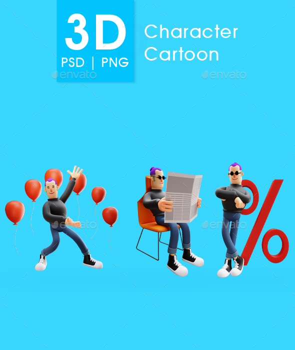 A Cool Man Cartoon 3D Illustration Set