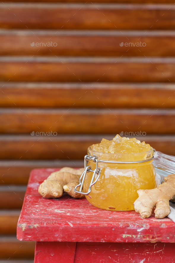 Homemade ginger jam in a jar, immune booster, cold remedy Stock Photo by antoninavlasova