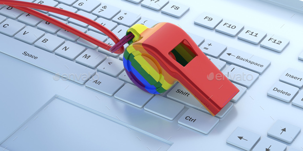 Gay pride rainbow flag whistle on white computer background. 3d illustration - Stock Photo - Images