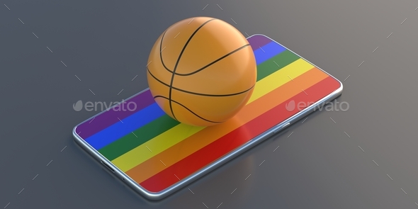 Basketball ball on rainbow flag display smartphone isolated on black background. 3d illustration - Stock Photo - Images