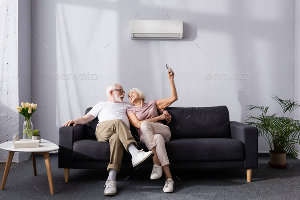 Cheerful senior couple using remote controller of air conditioner on couch