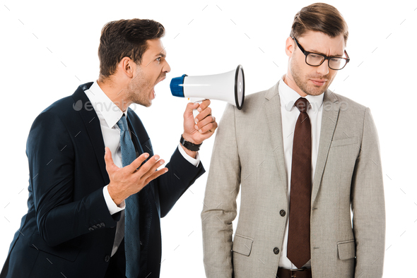 aggressive boss yelling with megaphone at upset employee isolated on white