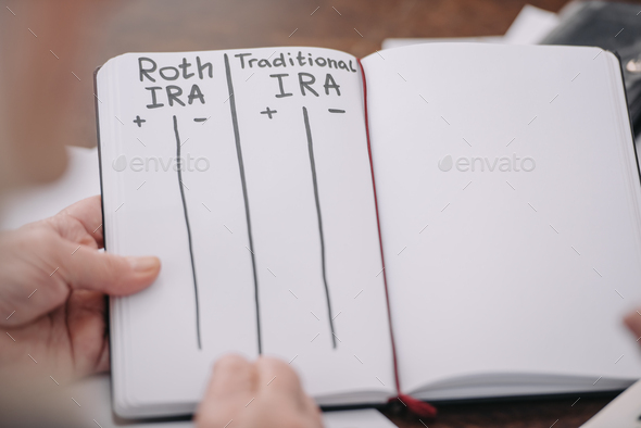 partial view of senior woman holding notebook with roth ira and traditional ira words - Stock Photo - Images