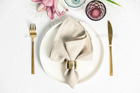 Elegant table setting with floral decor, flat lay - Stock Photo - Images