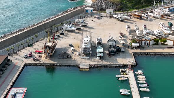 Yachts in the port aerial view 4 K Alanya Turkey alt