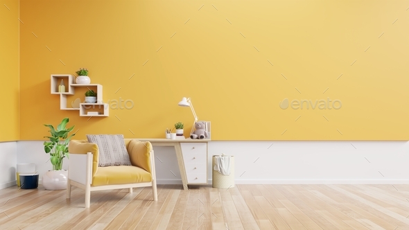 Living room interior with fabric armchair ,lamp,book and plants on empty  yellow wall background. Stock Photo by vanitjan