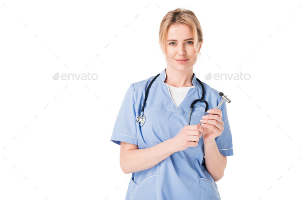 Young nurse holding reflex hammer isolated on white