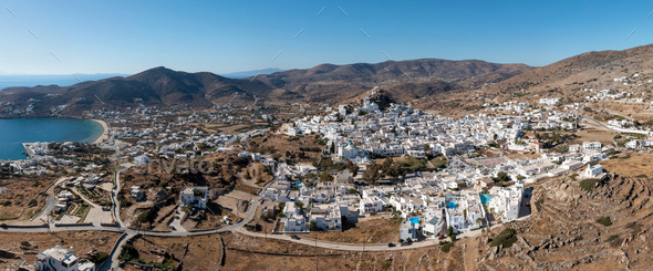 Ios island, Greece, Cyclades. Panoramic aerial drone view of Chora town - Stock Photo - Images