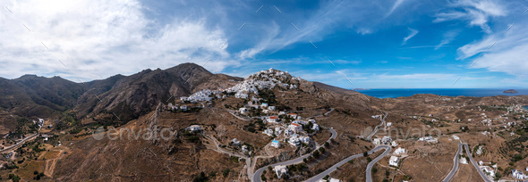 Serifos island, Greece, Cyclades. Panoramic aerial drone view of Chora town - Stock Photo - Images