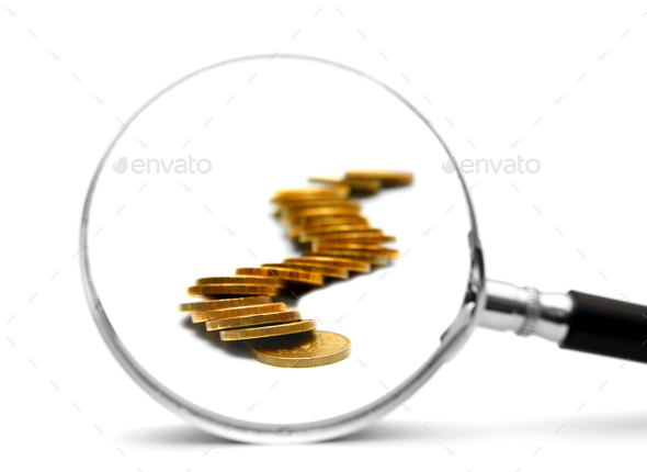 Gold coins and magnifier. On white background. - Stock Photo - Images