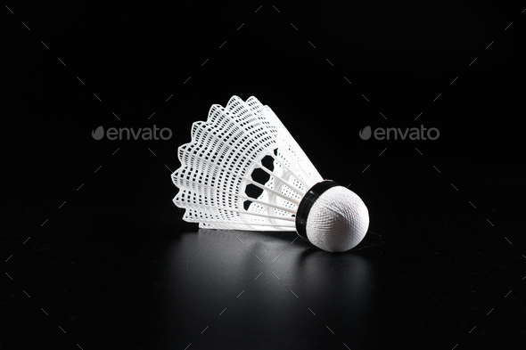 Badminton sport equipment on dark black background Stock Photo by  FabrikaPhoto