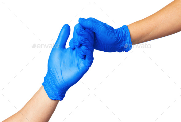 Handshake in a blue gloves, help concept. Personal hygiene during a pandemic
