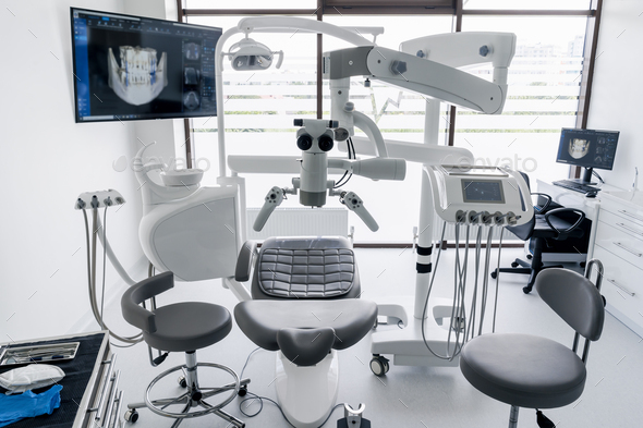 Dental chair and other accessories during Modern dental practice
