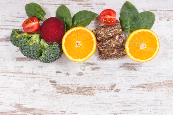 Nutritious products containing vitamin B9 and dietary fiber, healthy nutrition concept - Stock Photo - Images