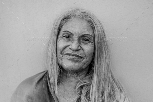 Portrait of beautiful old woman - Black and white - Stock Photo - Images