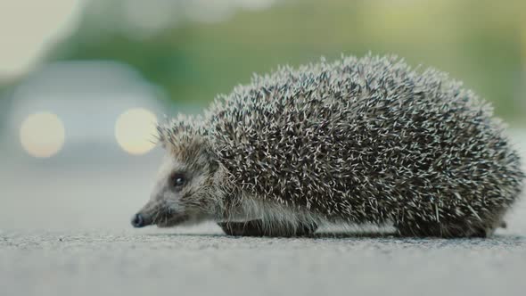 Danger To Wild Animals. Little Hedgehog on the Road, in the Background a Car Is Passing By alt