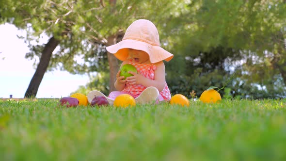 Natural Fruits Background. Kid Eating Organic Fruits Outdoor. Toddler Playing with Fresh Fruits on