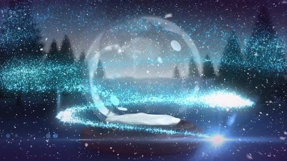 Digital animation of blue glitter sparkles wave moving around snow globe in magical forest  alt