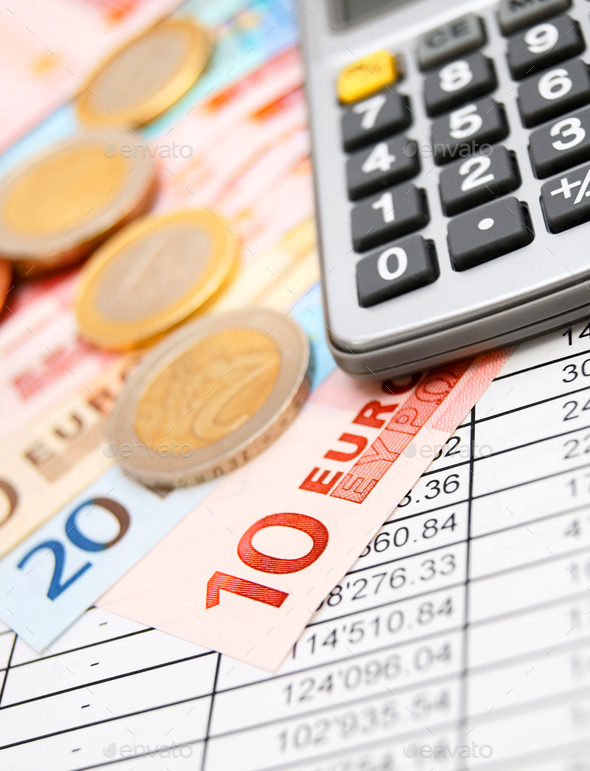 Euros money, the calculator and documents. - Stock Photo - Images