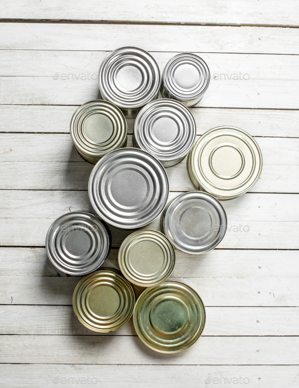 Tin cans with food. - Stock Photo - Images