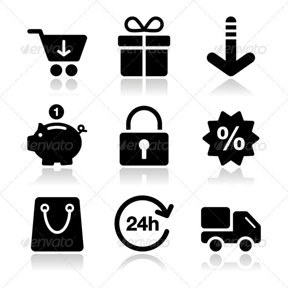 Shopping on internet black icons set with shadow - Web Elements Vectors