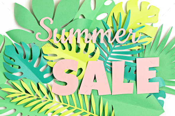 Word Sale over tropical paper cut leaves background. Summer sale, online  deals, discounts Stock Photo by OksaLy