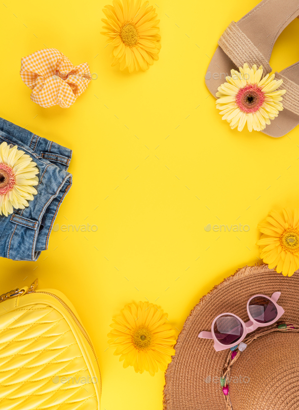Summer fashion outfit frame background with straw hat, shoes, sunglasses,  handbag, flowers on yellow Stock Photo by tenkende