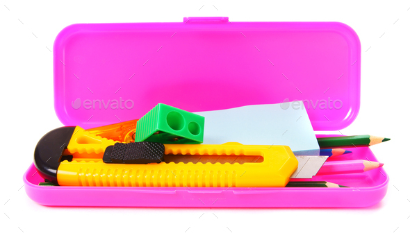 Case and school tools. On a white background. Stock Photo by Artem_ka