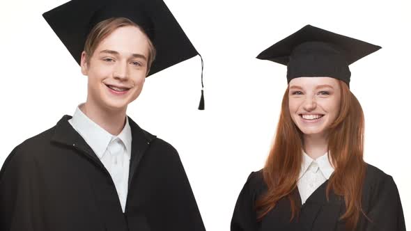 Happy Young Caucasian Graduate Male and Female in Black Robes and Square Academical Caps Laughing alt
