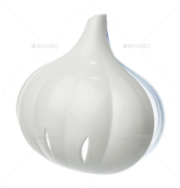 Small plastic storage container for onion and garlic isolated on white