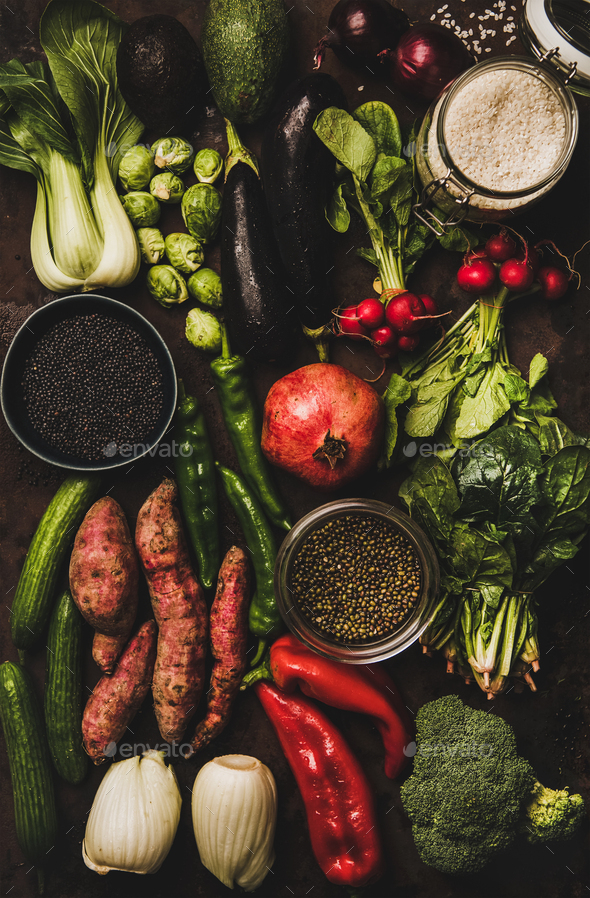 Vegetables, grains, greens and fruit for healthy diet, vertical composition - Stock Photo - Images