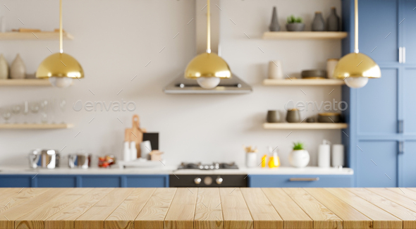 Empty wooden table and blurred kitchen white wall background. Stock Photo  by vanitjan