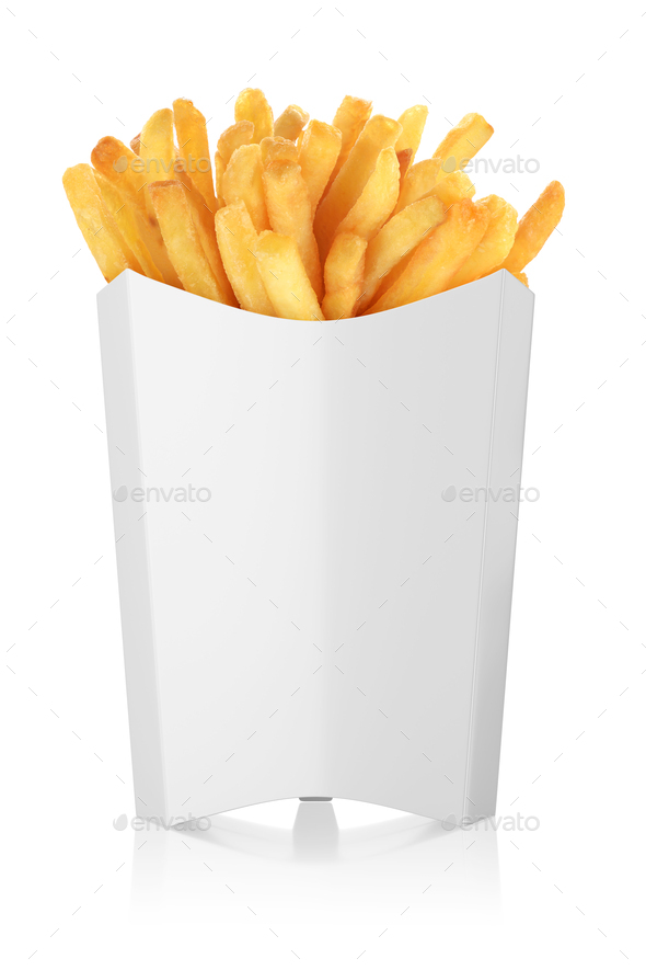French fries in a white paper box isolated on white. 3d rendering