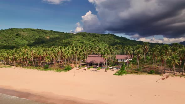 Drone Flight Of Buildings Within Palm Trees On Nacpan Beach alt