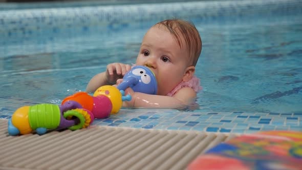 Closeup Portrait of a Little Girl in a Pool with Toys She Nibbles a Toy alt