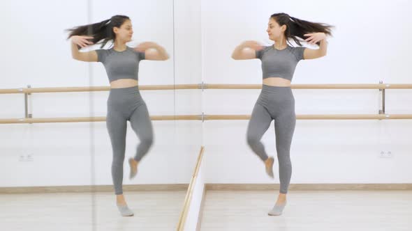 Female Gymnast Dances in Hall Does Stretching Beautiful Poses Ballet