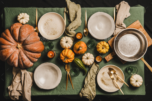 Autumn seasonal table setting for family dinner or friends gathering - Stock Photo - Images