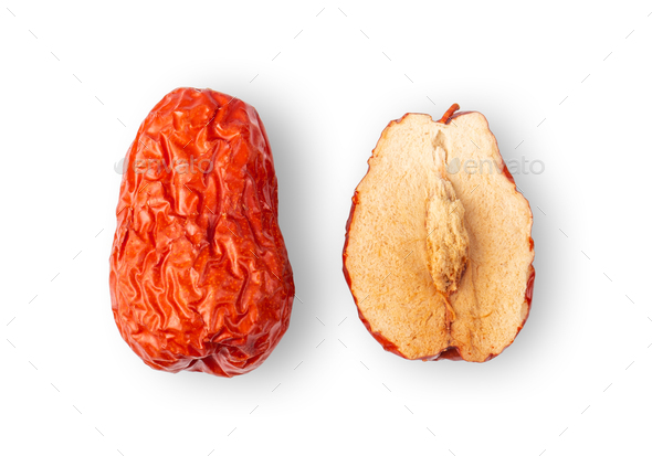 Jujube Chinese dried red date fruit on white background. top view