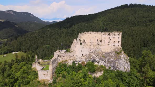 Aerial view of Likava castle in Likavka village in Slovakia alt
