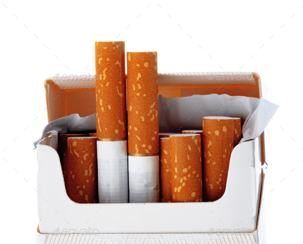 Opened new pack of cigarettes isolated on white Stock Photo by FabrikaPhoto