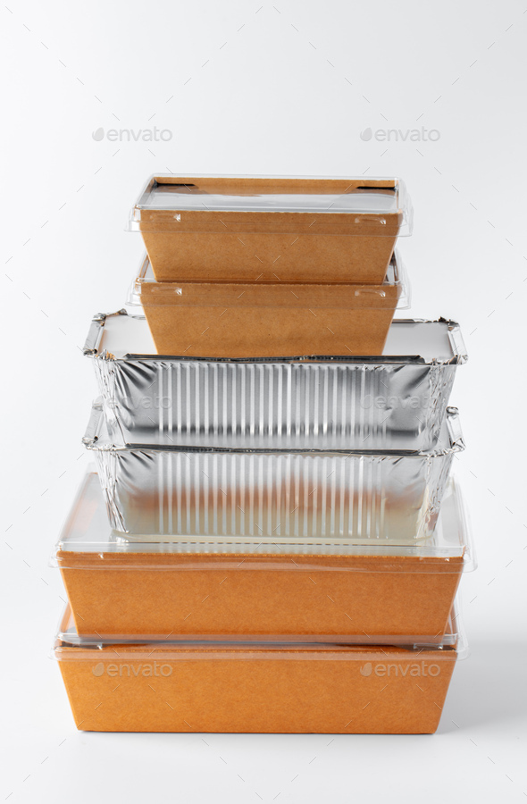 Set of recyclable food packaging on white background Stock Photo by