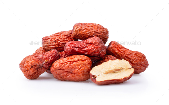 Jujube Chinese dried red date fruit on white background.