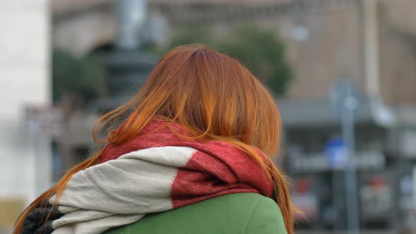 Sexy Red Hair Woman Walking in The Street, Turning and Stares at Camera alt
