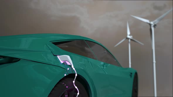 Generic electric blue car charging with wind turbines in background.